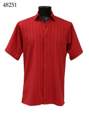 Bassiri Short Sleeve Button Down Casual Tone on Tone Men's Shirt - Shadow Stripe Pattern Red #48251