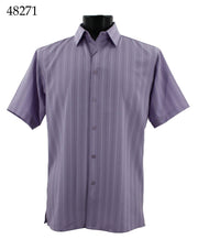 Bassiri Short Sleeve Button Down Casual Tone on Tone Men's Shirt - Shadow Stripe Pattern Lavender #48271
