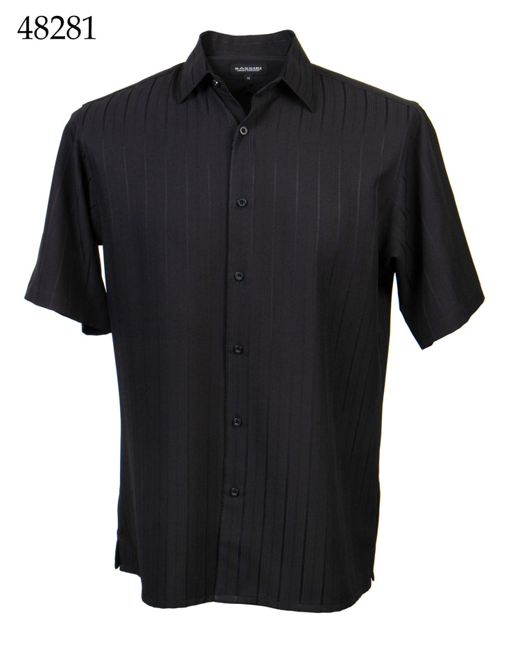 Bassiri Short Sleeve Button Down Casual Tone on Tone Men's Shirt - Shadow Stripe Pattern Black #48281