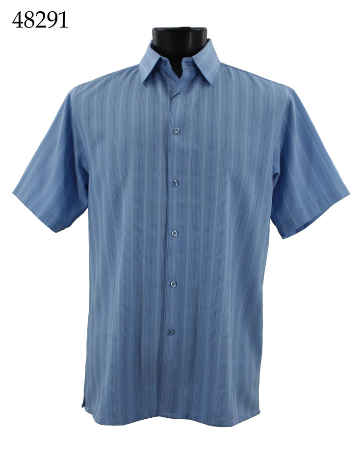 Bassiri Short Sleeve Button Down Casual Tone on Tone Men's Shirt - Shadow Stripe Pattern Blue #48291
