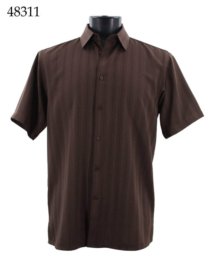 Bassiri Short Sleeve Button Down Casual Tone on Tone Men's Shirt - Shadow Stripe Pattern Brown #48311