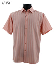 Bassiri Short Sleeve Button Down Casual Tone on Tone Men's Shirt - Shadow Stripe Pattern Salmon #48351