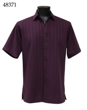 Bassiri Short Sleeve Button Down Casual Tone on Tone Men's Shirt - Shadow Stripe Pattern Eggplant #48371
