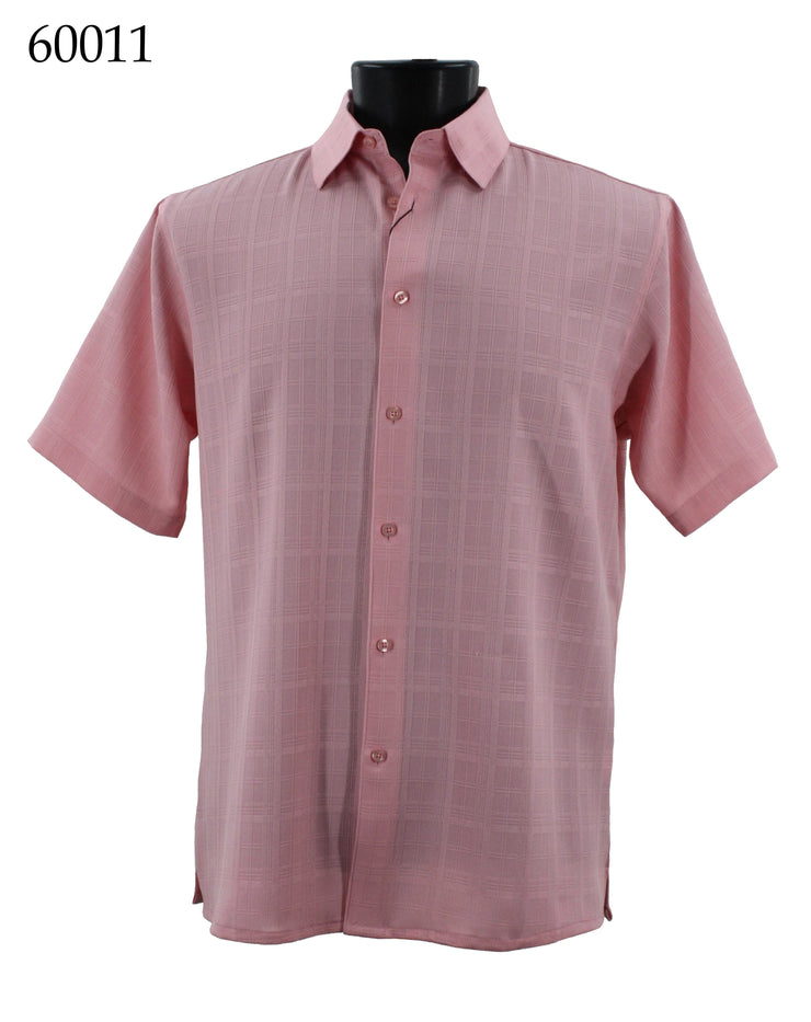 Bassiri Short Sleeve Button Down Casual Tone on Tone Men's Shirt - Shadow Geometric Pattern Pink #60011