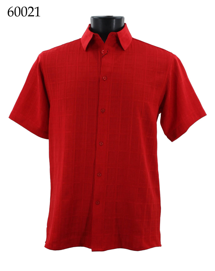 Bassiri Short Sleeve Button Down Casual Tone on Tone Men's Shirt - Shadow Geometric Pattern Red #60021