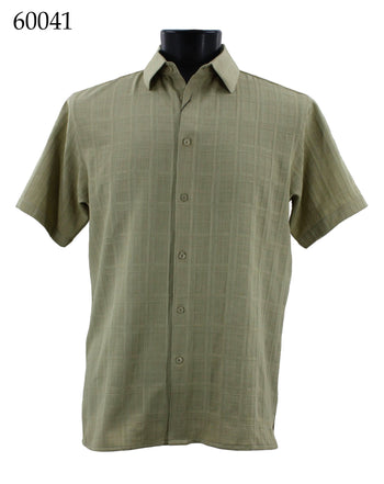 Bassiri Short Sleeve Button Down Casual Tone on Tone Men's Shirt - Shadow Geometric Pattern Sage #60041
