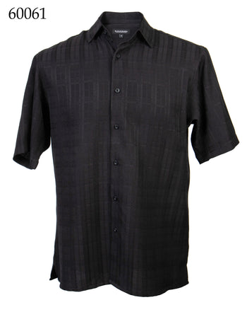 Bassiri Short Sleeve Button Down Casual Tone on Tone Men's Shirt - Shadow Geometric Pattern Black #60061