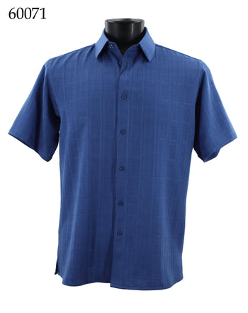 Bassiri Short Sleeve Button Down Casual Tone on Tone Men's Shirt - Shadow Geometric Pattern Midnight Blue #60071