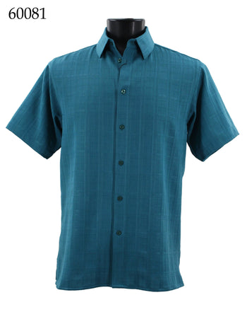 Bassiri Short Sleeve Button Down Casual Tone on Tone Men's Shirt - Shadow Geometric Pattern Teal #60081
