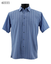 Bassiri Short Sleeve Button Down Casual Tone on Tone Men's Shirt - Shadow Stripe Pattern Blue #61111