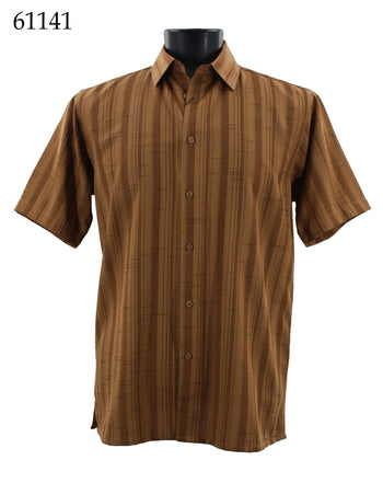 Bassiri Short Sleeve Button Down Casual Tone on Tone Men's Shirt - Shadow Stripe Pattern Mocha #61141