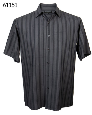 Bassiri Short Sleeve Button Down Casual Tone on Tone Men's Shirt - Shadow Stripe Pattern Charcoal #61151