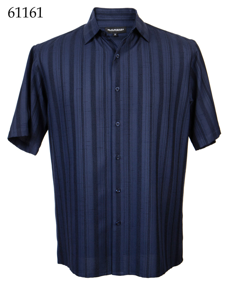 Bassiri Short Sleeve Button Down Casual Tone on Tone Men's Shirt - Shadow Stripe Pattern Navy #61161