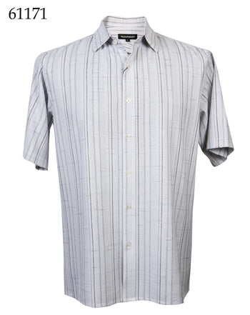 Bassiri Short Sleeve Button Down Casual Tone on Tone Men's Shirt - Shadow Stripe Pattern White & Black #61171