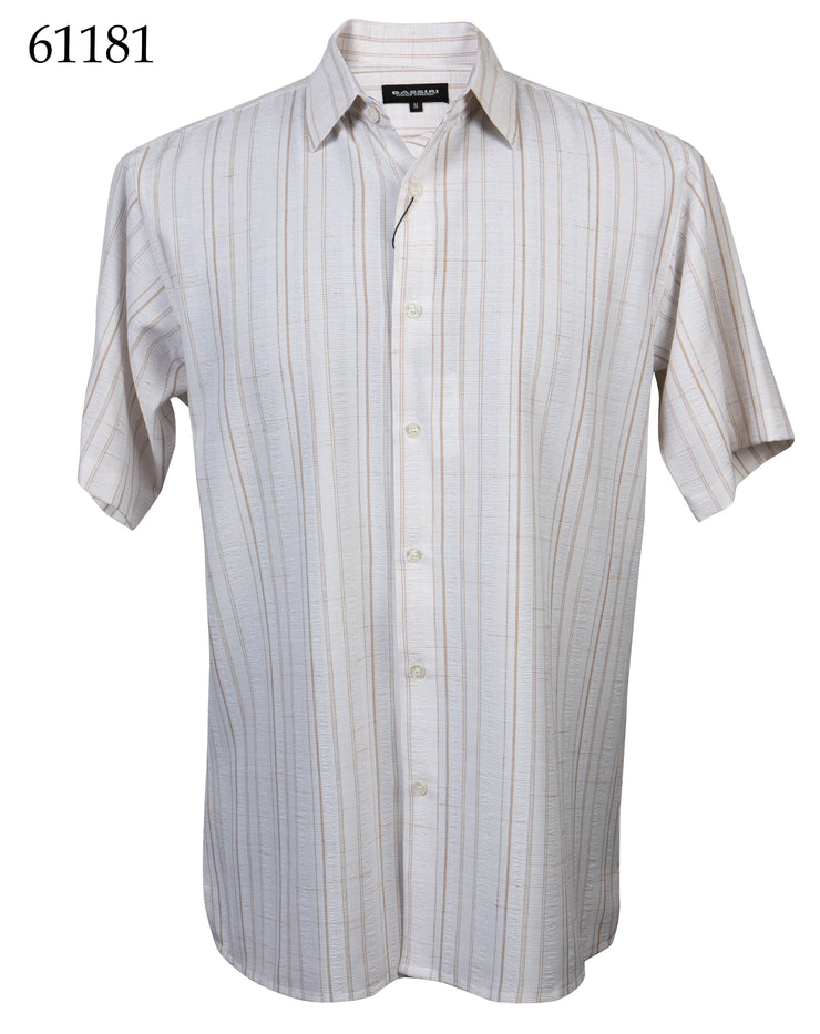 Bassiri Short Sleeve Button Down Casual Tone on Tone Men's Shirt - Shadow Stripe Pattern Cream & Gold #61181
