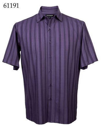 Bassiri Short Sleeve Button Down Casual Tone on Tone Men's Shirt - Shadow Stripe Pattern Purple #61191