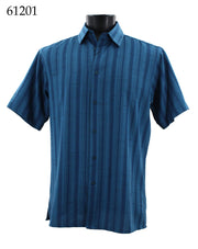 Bassiri Short Sleeve Button Down Casual Tone on Tone Men's Shirt - Shadow Stripe Pattern Blue Teal #61201