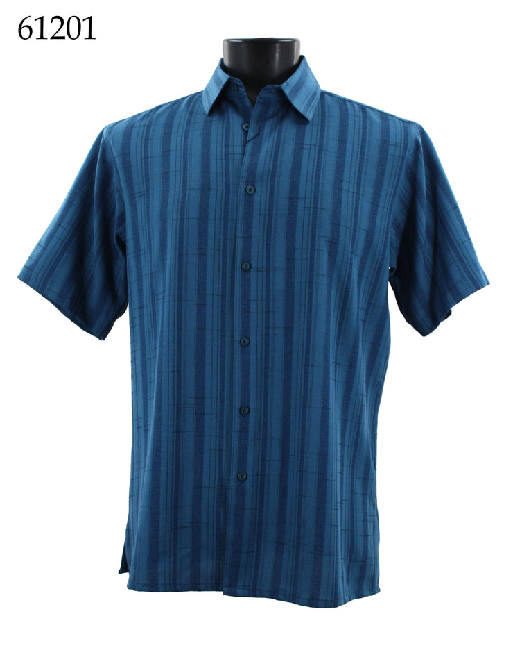 Bassiri Short Sleeve Button Down Casual Tone on Tone Men's Shirt - Shadow Stripe Pattern Blue Teal #61201