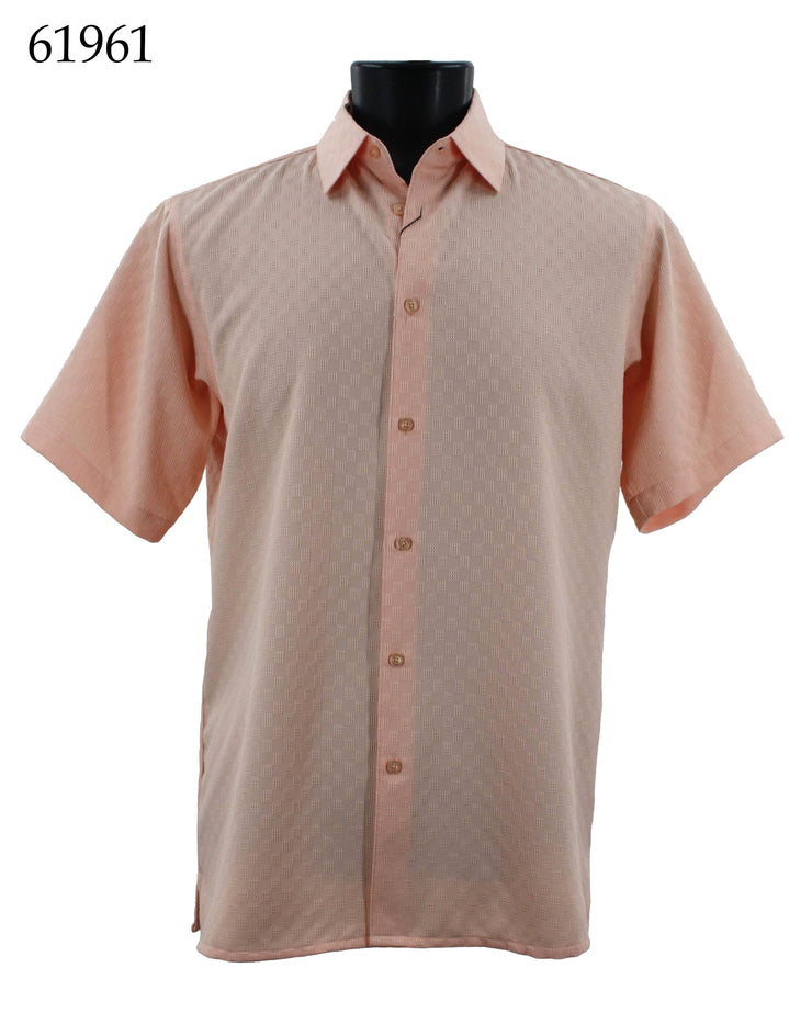 Bassiri Short Sleeve Button Down Casual Tone on Tone Men's Shirt - Shadow Squares Pattern Peach #61961
