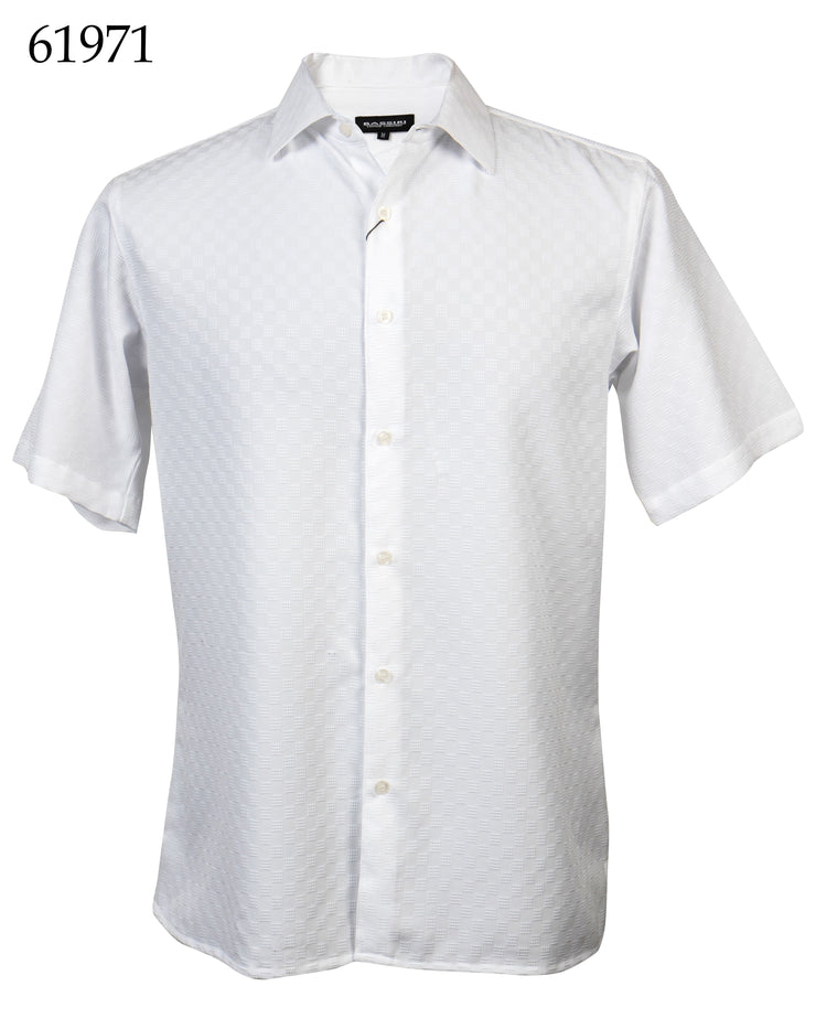 Bassiri Short Sleeve Button Down Casual Tone on Tone Men's Shirt - Shadow Squares Pattern White #61971