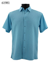 Bassiri Short Sleeve Button Down Casual Tone on Tone Men's Shirt - Shadow Squares Pattern Turquoise #61981