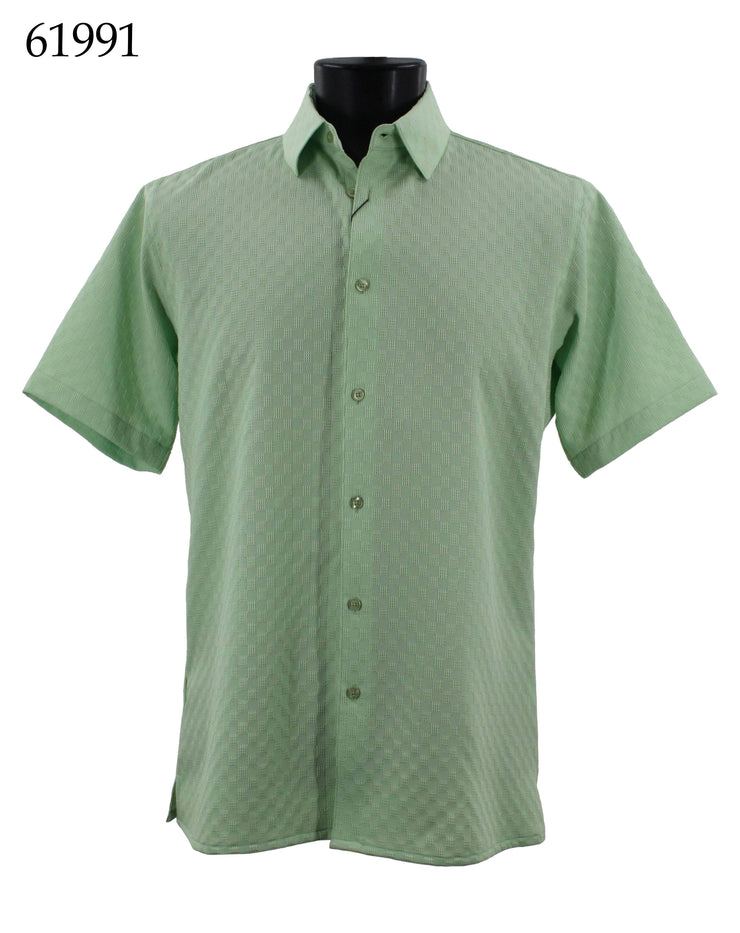 Bassiri Short Sleeve Button Down Casual Tone on Tone Men's Shirt - Shadow Squares Pattern Mint #61991