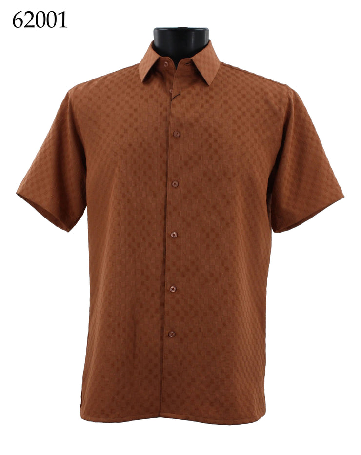 Bassiri Short Sleeve Button Down Casual Tone on Tone Men's Shirt - Shadow Squares Pattern Rust #62001