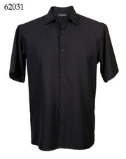 Bassiri Short Sleeve Button Down Casual Tone on Tone Men's Shirt - Shadow Squares Pattern Black #62031