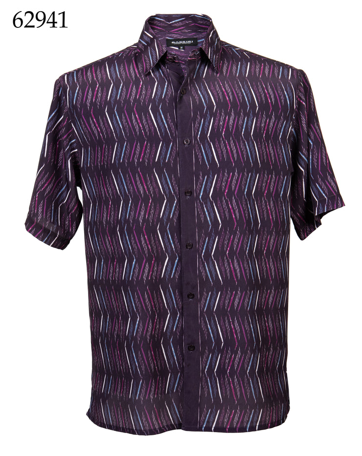 Bassiri Short Sleeve Button Down Casual Printed Men's Shirt - ZigZag Pattern Plum #62941