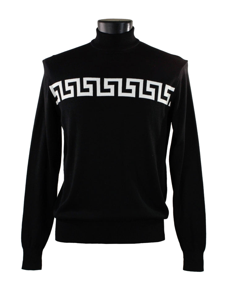 Bassiri Mock Neck Men's Sweater - Greek Key Pattern Black & White #634