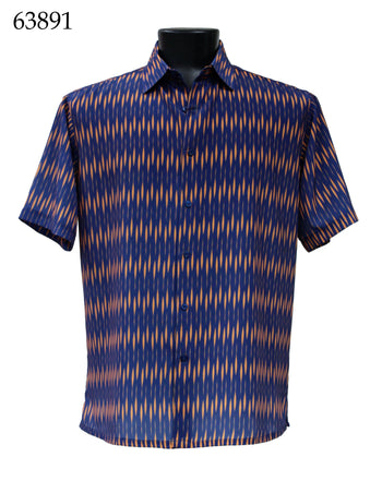Bassiri Short Sleeve Button Down Casual Printed Men's Shirt - Diamonds Pattern Orange & Royal Blue #63891
