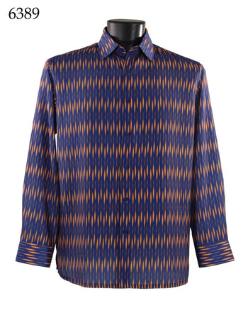 Bassiri Long Sleeve Button Down Casual Printed Men's Shirt - Diamonds Pattern Orange & Royal Blue #6389