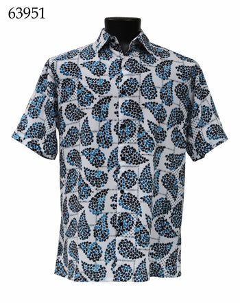 Bassiri Short Sleeve Button Down Casual Printed Men's Shirt - Leaf Pattern Turquoise #63951