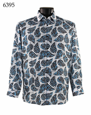 Bassiri Long Sleeve Button Down Casual Printed Men's Shirt - Leaf Pattern Turquoise #6395