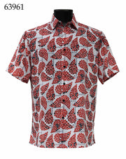 Bassiri Short Sleeve Button Down Casual Printed Men's Shirt - Leaf Pattern Red #63961