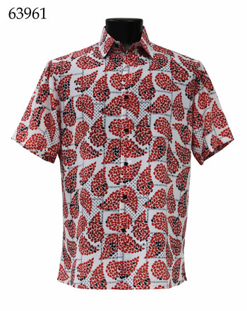 Bassiri Short Sleeve Button Down Casual Printed Men's Shirt - Leaf Pattern Red #63961
