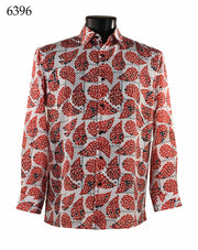 Bassiri Long Sleeve Button Down Casual Printed Men's Shirt - Leaf Pattern Red #6396