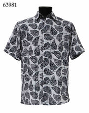 Bassiri Short Sleeve Button Down Casual Printed Men's Shirt - Leaf Pattern Black #63981