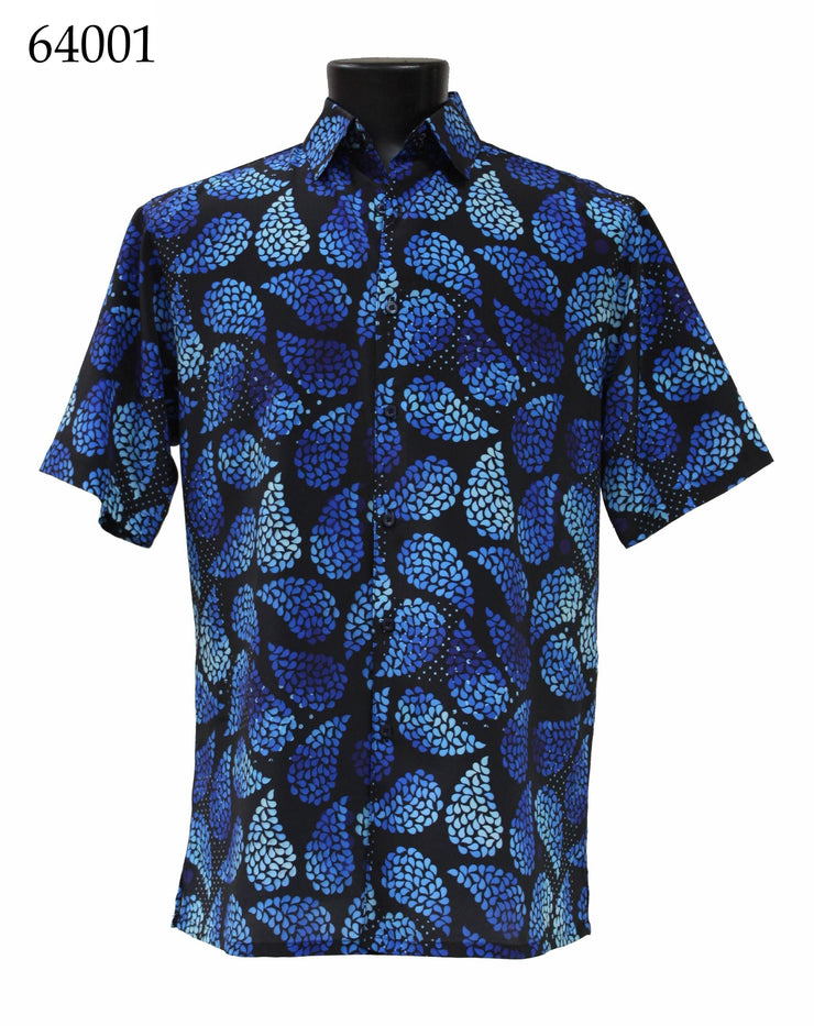 Bassiri Short Sleeve Button Down Casual Printed Men's Shirt - Leaf Pattern Black & Royal Blue #64001