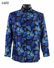 Bassiri Long Sleeve Button Down Casual Printed Men's Shirt - Leaf Pattern Black & Royal Blue #6400