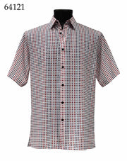 Bassiri Short Sleeve Button Down Casual Printed Men's Shirt - Square Pattern White & Red #64121