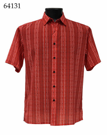 Bassiri Short Sleeve Button Down Casual Printed Men's Shirt - Square Pattern Red #64131