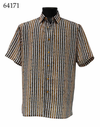 Bassiri Short Sleeve Button Down Casual Printed Men's Shirt - Multi Stripe Pattern Gold #64171