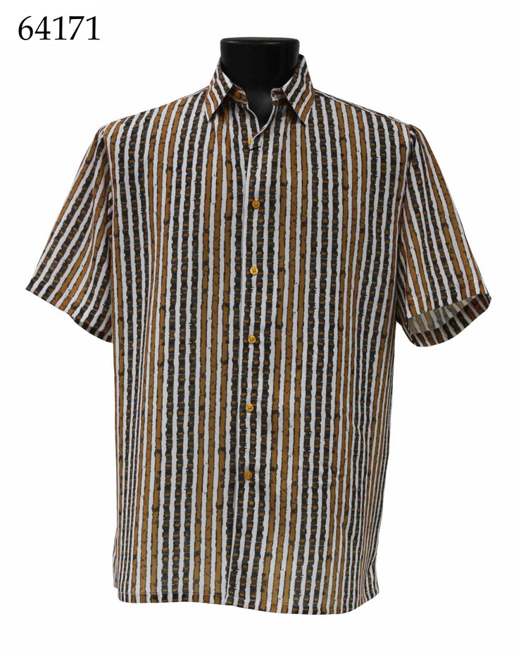 Bassiri Short Sleeve Button Down Casual Printed Men's Shirt - Multi Stripe Pattern Gold #64171