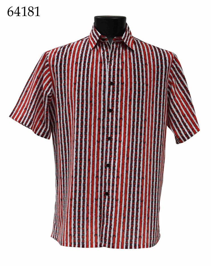 Bassiri Short Sleeve Button Down Casual Printed Men's Shirt - Multi Stripe Pattern Red #64181