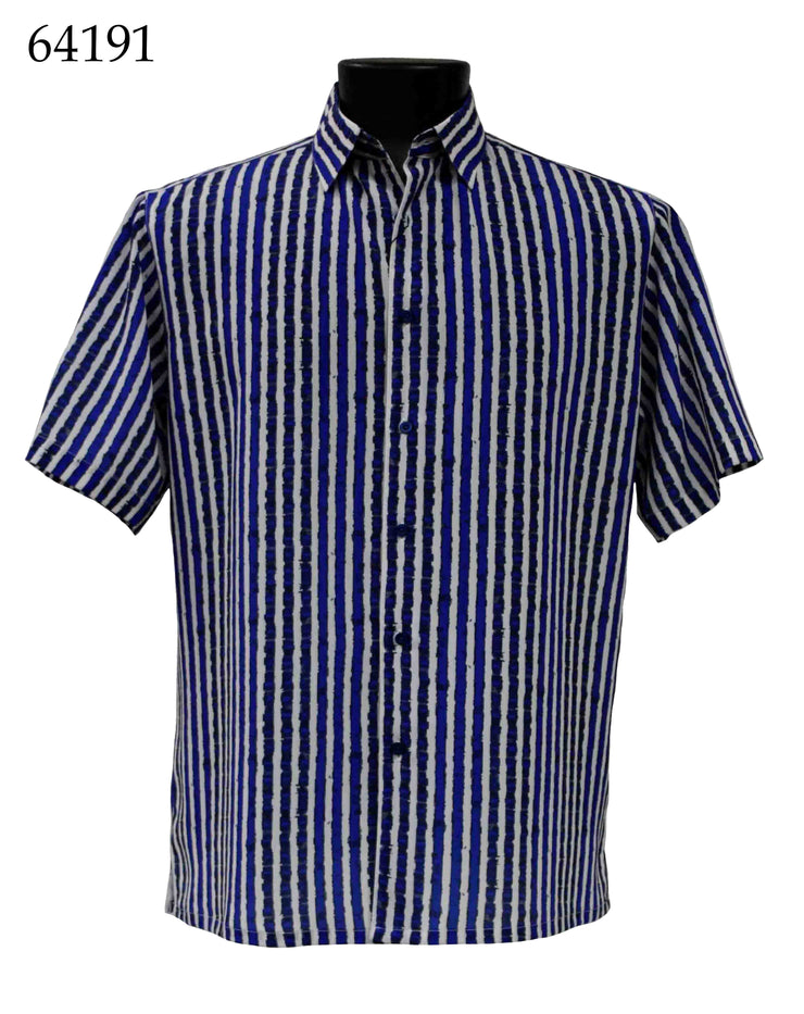 Bassiri Short Sleeve Button Down Casual Printed Men's Shirt - Multi Stripe Pattern Royal Blue #64191