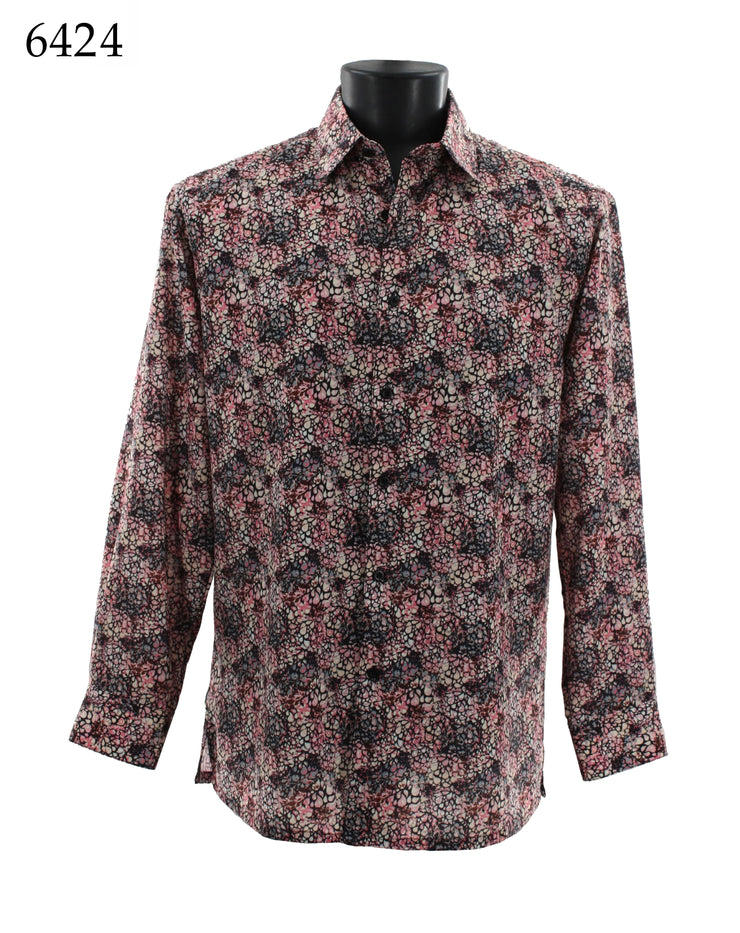 Bassiri Long Sleeve Button Down Casual Printed Men's Shirt - Abstract Pattern Pink #6424