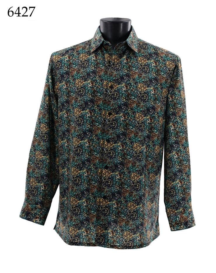Bassiri Long Sleeve Button Down Casual Printed Men's Shirt - Abstract Pattern Sea Green #6427