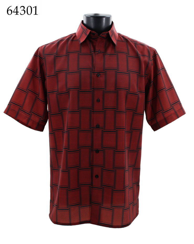 Bassiri Short Sleeve Button Down Casual Printed Men's Shirt - Geometric Pattern Red #64301