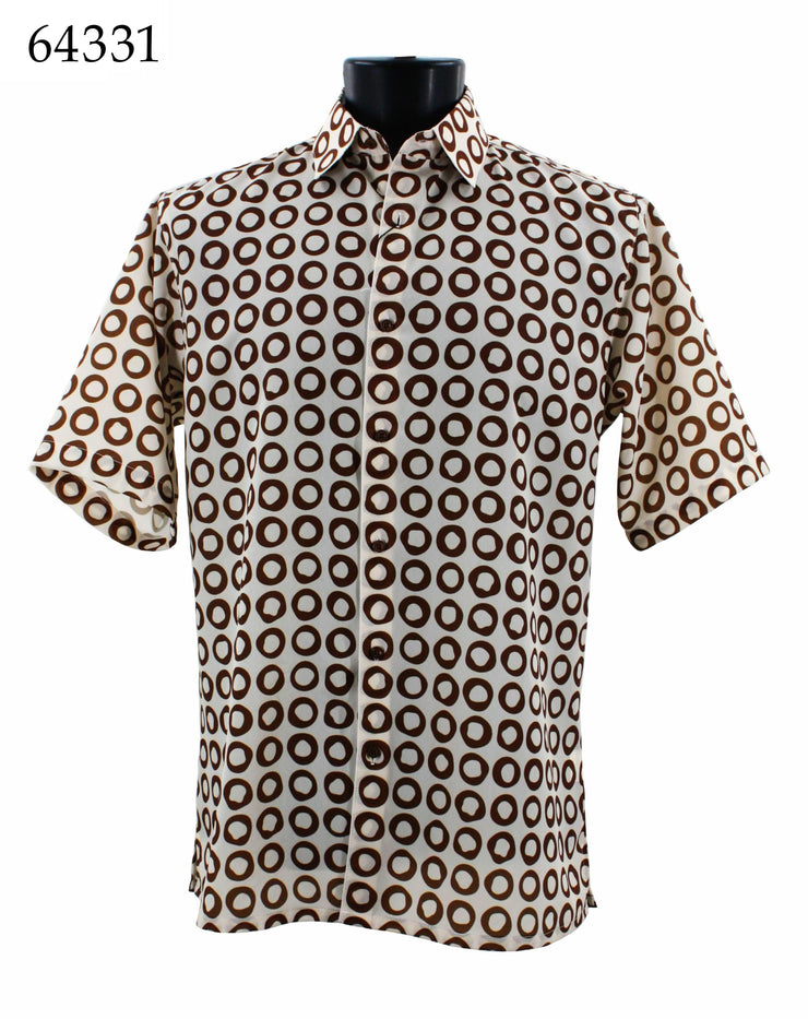 Bassiri Short Sleeve Button Down Casual Printed Men's Shirt - Circle Pattern Brown #64331